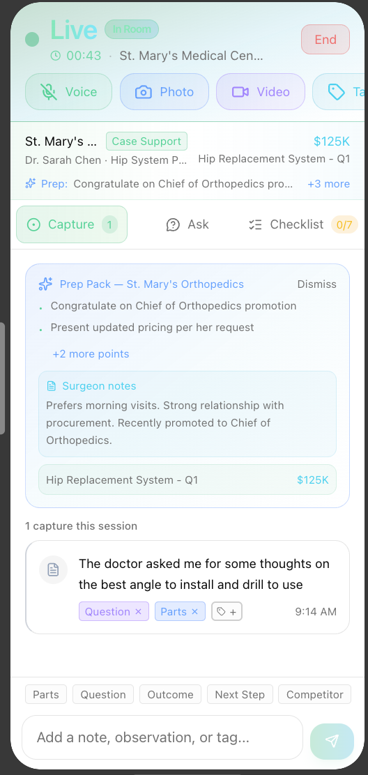 Finnix live notetaking during a case for medical device sales reps